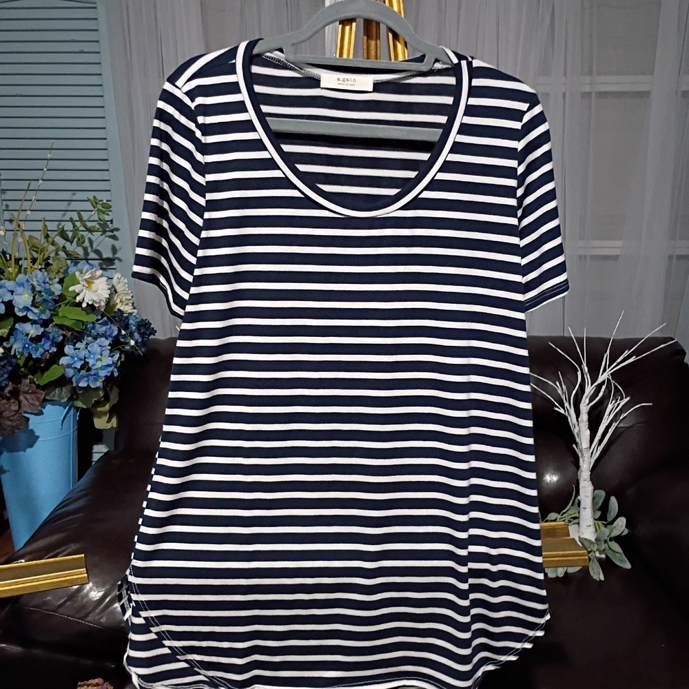 New Again Navy and White Striped Top